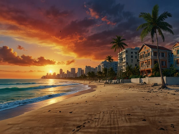 Auf dem Bild sind die Strände von Recife zu sehen, die ein wahres Paradies für Sonnenanbeter darstellen. Der Sonnenuntergang färbt den Himmel in warmen, leuchtenden Farben, während die sanften Wellen des Ozeans sanft den Strand umspülen. Die Palmen säumen die Küste und verleihen der Szenerie ein tropisches Flair, während im Hintergrund die modernen Gebäude der Stadt zu sehen sind. Diese Kombination aus Natur und urbanem Leben macht die Strände von Recife besonders einladend für alle, die sich entspannen und die Schönheit der Natur genießen möchten.