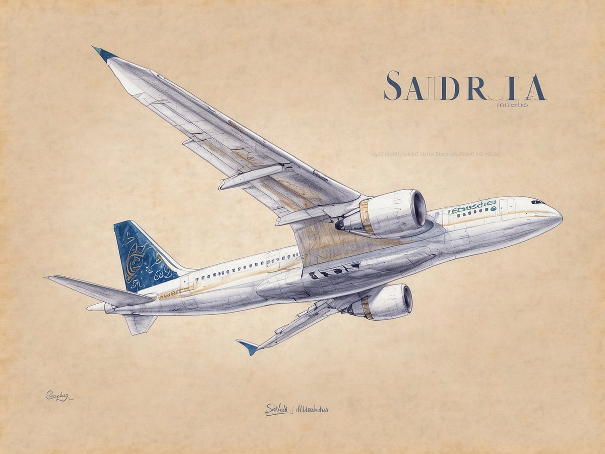 Ein illustriertes Bild eines Flugzeugs, das in einem stilvollen, künstlerischen Design dargestellt ist. Das Flugzeug hat eine grüne und goldene Lackierung mit dem Schriftzug Saudia und fliegt durch den Himmel. Der Hintergrund ist in warmen, beige Tönen gehalten, die einen vintage Look verleihen. Diese Darstellung steht im Zusammenhang mit den Non-Stop-Flügen von Saudi-Arabien nach Phuket, die das Reisen erleichtern.