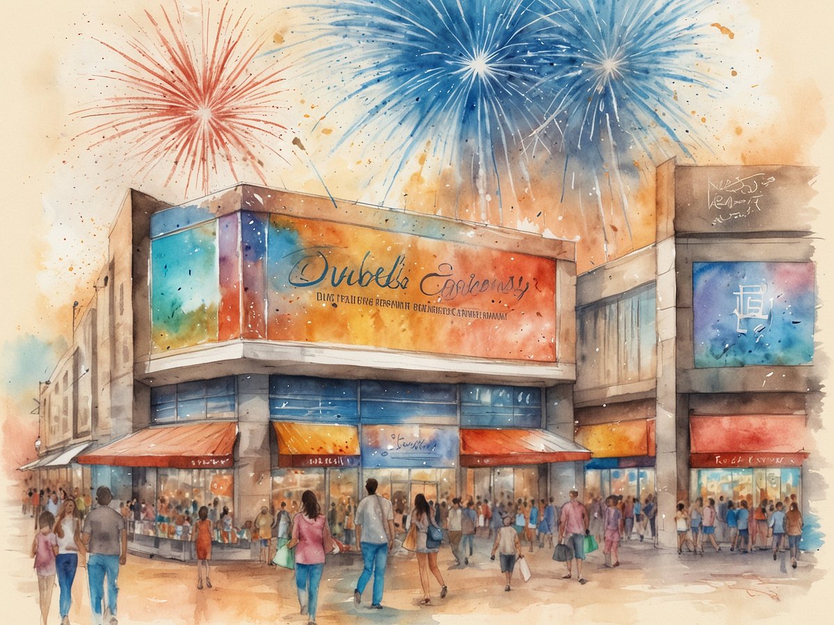 Eine lebendige Aquarellillustration zeigt geschäftige Straßen mit Menschen, die das Dubai Shopping Festival feiern. An den Geschäften sind farbige Schilder zu sehen, darunter ein großes Schild mit der Aufschrift Dubai. Über der Szenerie erleuchten bunte Feuerwerke den Himmel und schaffen eine festliche Atmosphäre. Menschen in verschiedenen Outfits tragen Einkaufstaschen und genießen das Einkaufen und die Feierlichkeiten, während die Straßen von bunten Lichtern und Dekorationen gesäumt sind. Das Bild vermittelt ein Gefühl von Freude und Vorfreude auf den 30. Geburtstag des Festivals.