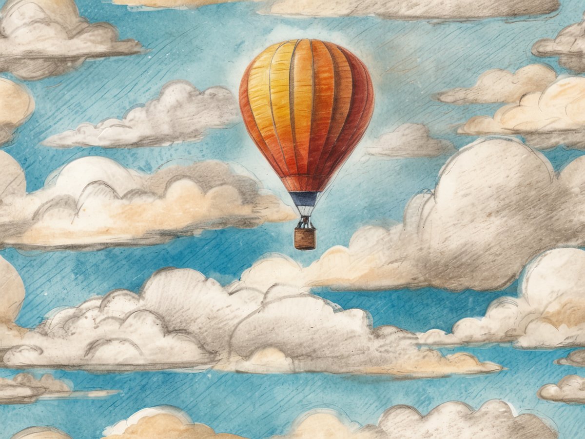 Ein bunter Heißluftballon schwebt majestätisch durch einen strahlend blauen Himmel, der mit zahlreichen weißen, fluffigen Wolken geschmückt ist. Der Ballon hat orangefarbene und gelbe Streifen und ist in der oberen Bildhälfte platziert, während die Wolken im Hintergrund sanfte Schatten werfen. Die Szene vermittelt ein Gefühl von Freiheit und Abenteuer in der Luft.