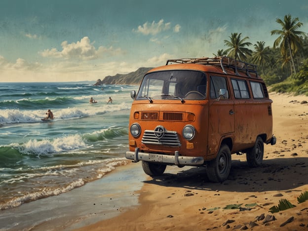 Auf dem Bild ist ein orangefarbener VW-Bus an einem Strand zu sehen, wo sich die Wellen sanft brechen. Im Hintergrund sieht man Palmen und Menschen, die im Wasser schwimmen oder am Strand entspannen. 

In Florianópolis kannst du ähnliche Aktivitäten genießen: 

1. **Strandbesuche**: Es gibt viele wunderschöne Strände wie Praia Mole und Jurerê, ideal zum Schwimmen und Sonnenbaden.
2. **Surfen**: Die Wellen an vielen Stränden sind perfekt für Surfer aller Levels.
3. **Wandern**: Die umliegenden Hügel bieten tolle Wandermöglichkeiten mit atemberaubenden Ausblicken auf die Küste.
4. **Fahrradtouren**: Entdecke die Insel per Fahrrad und genieße die Natur und die Strände.
5. **Culinarische Erlebnisse**: Probier lokale Spezialitäten in den vielen Restaurants und Cafés, die frischen Fisch und Meeresfrüchte anbieten.

Florianópolis hat für jeden etwas zu bieten!