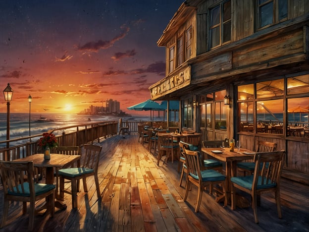 Auf dem Bild ist ein einladendes Restaurant direkt am Strand zu sehen, das mit Holzmöbeln und einer gemütlichen Terrasse gestaltet ist. Der Sonnenuntergang sorgt für eine wunderschöne Atmosphäre, während die Wellen sanft an das Ufer schlagen. Kulinarische Highlights könnten frische Meeresfrüchte, gegrillter Fisch und exotische Cocktails sein, die man hier mit Blick auf den Ozean genießen kann. Die entspannte Stimmung und der Blick auf das Wasser machen diesen Ort zu einem perfekten Ziel für ein schönes Abendessen.