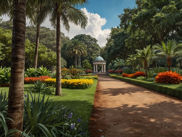 Auf dem Bild ist der Botanische Garten von Curitiba zu sehen: Ein Ort der Ruhe und des Wissens. Die Landschaft zeigt üppige Grünflächen, vielfältige Pflanzenarten und farbenfrohe Blumenbeete, die harmonisch angeordnet sind. In der Mitte steht ein Pavillon, der eine einladende Atmosphäre schafft. Der Garten bietet einen perfekten Rückzugsort für Natur- und Pflanzenliebhaber.