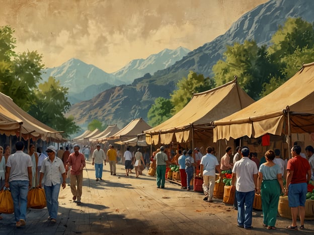 Auf dem Bild sehen wir einen lebhaften Markt, der von mehreren Zelten gesäumt ist. Im Hintergrund erheben sich majestätische Berge, die eine dramatische Kulisse bieten. Die Menschen auf dem Markt scheinen fröhlich und beschäftigt zu sein, während sie frisches Obst und Gemüse kaufen. 

Marktszenen wie diese sind ein wichtiger Teil vieler Kulturen, wo lokale Erzeuger ihre Produkte anbieten und die Gemeinschaft zusammenkommt. Solche Märkte fördern nicht nur den Austausch von Lebensmitteln, sondern auch sozialen Kontakt und kulturelle Traditionen. 

Die Vielfalt an Farben und die lebendige Atmosphäre spiegeln die lokale Kultur wider und laden dazu ein, die einzigartigen Aromen und die Gastfreundschaft der Region zu erleben. Hier könnte man die Gelegenheit nutzen, regionale Spezialitäten zu probieren und sich mit den Händlern auszutauschen. Ein Besuch auf einem solchen Markt ist oft eine der besten Möglichkeiten, die Seele eines Ortes zu entdecken.