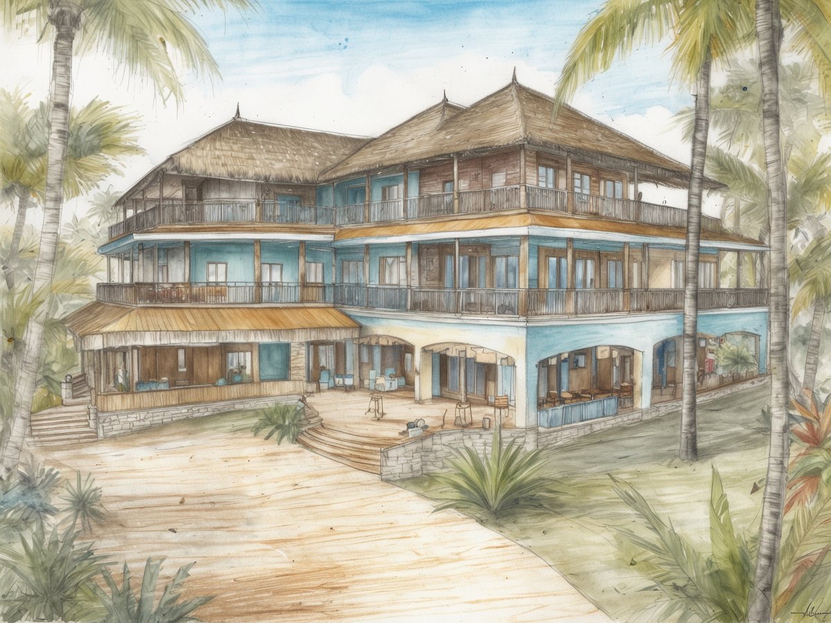 Ein wunderschönes, neu gestaltetes Hotelgebäude, das das neue Riu Negril in Jamaika zeigt. Das Gebäude hat mehrere Stockwerke mit einer Mischung aus hellen Blautönen und warmen Holzakzenten. Überdachte Balkone aus Holz verleihen dem Gebäude einen tropischen Charme, während große Fenster viel Licht hereinlassen. Umgeben von üppigem Grün und Palmen bietet die Umgebung eine entspannte Atmosphäre. Der Weg zum Eingang ist aus Sand und passt perfekt zur Küstenlage, die das Hotel umgibt. Erneuert und exklusiv, lädt dieser Ort zum Verweilen und Entspannen ein.