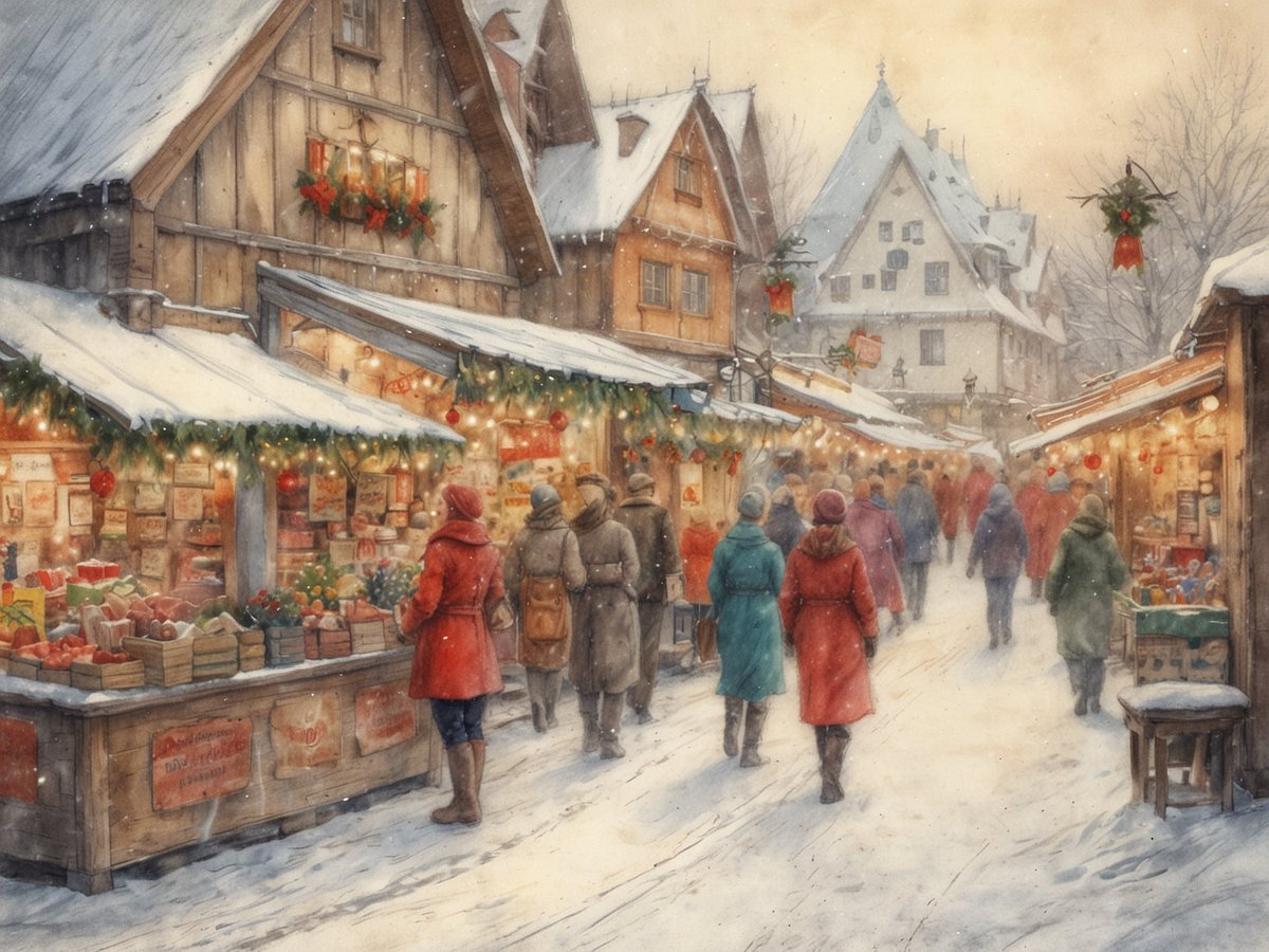 Eine malerische Winterlandschaft mit schneebedeckten, festlich geschmückten Holzständen auf einem Weihnachtsmarkt. Die Stände sind mit Lichtern und Tannenzweigen dekoriert und bieten eine Vielzahl von festlichen Waren an. Menschen in bunten Wintermänteln und Mützen schlendern in einer gemütlichen Atmosphäre über den Markt, während sanfter Schnee vom Himmel fällt. Im Hintergrund sind charmante, traditionell gestaltete Häuser zu sehen, die die festliche Stimmung der Szene verstärken.