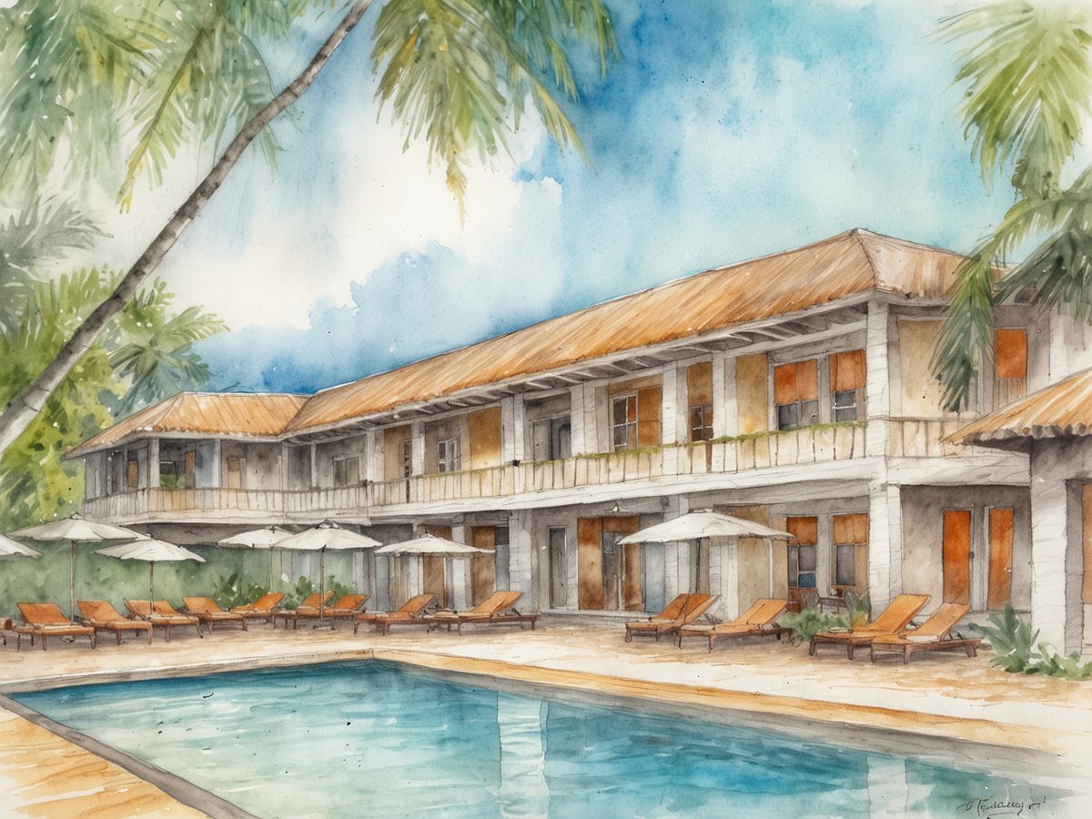 Ein malerisches, aquarelliertes Bild des Fort George Hotels und Spas in Belize, das eine zweigeschossige Architektur mit einem rustikalen, aber eleganten Design zeigt. Die Fassade hat große Fenster und eine einladende Veranda. Im Vordergrund befindet sich ein blauer Swimmingpool, umgeben von Liegen mit Sonnenschirmen. Üppige Palmen und tropische Pflanzen umrahmen das gesamte Szenario, während der Himmel in sanften Blautönen leuchtet und eine entspannte Urlaubsatmosphäre vermittelt.