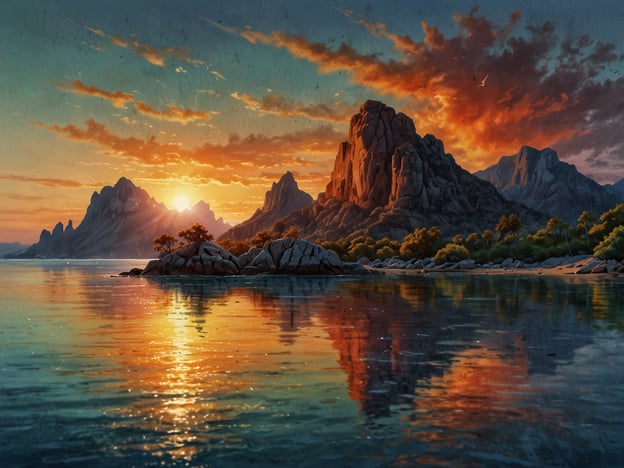 Auf dem Bild ist eine malerische Landschaft mit einem atemberaubenden Sonnenuntergang zu sehen. Der Himmel strahlt in warmen Farben, während die Sonne hinter majestätischen Bergen verschwindet. Diese Szene erinnert an unvergessliche Strände, die oft von beeindruckenden Felsformationen und ruhigen Gewässern umgeben sind. 

Besonderheiten solcher Strände sind oft die Reflexionen im Wasser, die atemberaubende Farben des Sonnenuntergangs und die ruhige Atmosphäre, die für Entspannung und Erholung sorgt. Solche Orte laden zum Träumen ein und lassen die Schönheit der Natur in voller Pracht erleben.