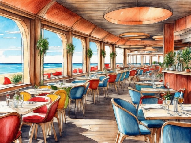 Auf dem Bild ist ein einladendes Restaurant mit Blick auf das Meer zu sehen. Die Einrichtung ist modern und farbenfroh, mit komfortablen Stühlen und großen Fenstern, die viel Licht hereinlassen. Solch eine Atmosphäre könnte perfekt für einen entspannten Abend sein, während man die maritime Umgebung von Pelzerhaken genießt.

In Pelzerhaken gibt es eine Vielzahl an gastronomischen Angeboten, die frische Meeresfrüchte und regionale Spezialitäten servieren. Außerdem findet man dort gemütliche Unterkünfte, die sich ideal für einen Urlaub am Strand eignen. Die Kombination aus guter Küche und schöner Landschaft macht Pelzerhaken zu einem beliebten Ziel.