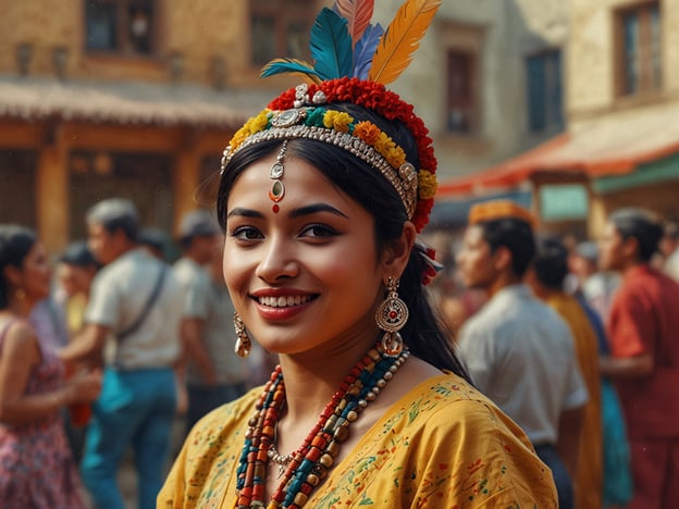 Auf dem Bild ist eine fröhliche junge Frau zu sehen, die traditionelle Kleidung trägt. Die Geschichte und Bräuche, die mit solchen Auftritten verbunden sind, könnten auf verschiedene kulturelle Veranstaltungen oder Feste hinweisen, wie zum Beispiel das Diwali-Fest in Indien, das mit Lichtern und Feierlichkeiten gefeiert wird. Auch könnte es sich um eine lokale Festivität handeln, bei der die Menschen ihre kulturellen Traditionen und Kostüme präsentieren, wie etwa Umzüge, Tänze oder Märkte, die oft mit Musik und Tanz verbunden sind. Solche Anlässe fördern das Gemeinschaftsgefühl und die Identität innerhalb der Kultur.