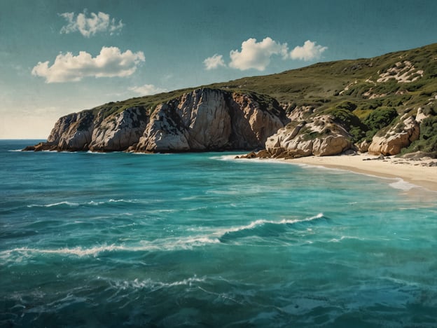 Auf dem Bild sind die zauberhaften Strände von Arraial do Cabo zu sehen. Die atemberaubende Küstenlandschaft zeigt sanfte Wellen, die an einen goldenen Sandstrand schlagen, umgeben von beeindruckenden Felsen und grüner Vegetation. Der Himmel ist klar mit einigen Wolken, die dem Bild eine friedliche und einladende Atmosphäre verleihen.