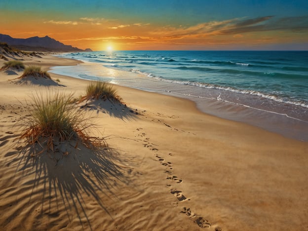 Auf dem Bild ist eine malerische Strandlandschaft zu sehen, die von der natürlichen Schönheit von Jericoacoara inspiriert sein könnte. Das Bild zeigt einen weiten Sandstrand mit sanften Wellen, die an das Ufer schlagen, und einem wunderschönen Sonnenuntergang, der den Himmel in warmen Farben taucht. Die Silhouetten von Gräsern im Sand und Fußabdrücke verleihen der Szene eine ruhige und einladende Atmosphäre. Die harmonische Verbindung zwischen Meer und Himmel schafft ein Gefühl der Entspannung und Freiheit, typisch für tropische Paradiese wie Jericoacoara.