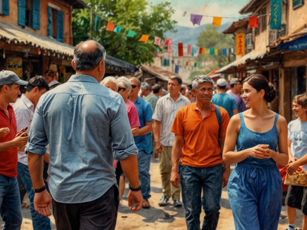 Auf dem Bild ist eine lebhafte Szenerie in einem Marktplatz oder auf einer belebten Straße zu sehen, wo sich viele Menschen versammelt haben. Die Atmosphäre wirkt freundlich und gesellig. Die Anordnung der bunten Wimpel, die über die Straße hängen, deutet darauf hin, dass möglicherweise ein Fest oder eine kulturelle Veranstaltung stattfindet. 

Die Menschen scheinen eine Mischung aus Einheimischen und möglicherweise Touristen zu sein, die miteinander kommunizieren und die Umgebung genießen. Dies spiegelt oft den Lebensstil vieler Orte wider, wo Gemeinschaft und soziale Interaktion eine zentrale Rolle spielen. Die Kleidung der Personen zeigt eine lockere, informelle Stilrichtung, die typischerweise in wärmeren Klimazonen getragen wird.

Auf Märkten wie diesem sind häufig traditionelle Produkte, Kunsthandwerk und lokale Spezialitäten zu finden, was die Kultur und das Erbe der Region betont. Solche Orte sind nicht nur Handelszentren, sondern auch Räume, in denen Traditionen lebendig gehalten werden und soziale Beziehungen gefestigt werden.