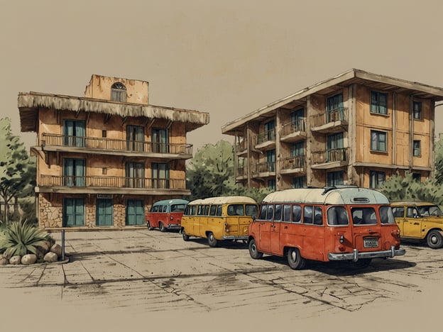 Auf dem Bild ist eine Szenerie mit zwei mehrstöckigen Gebäuden zu sehen, die wahrscheinlich als Unterkünfte dienen, sowie mehreren bunten Oldtimer-Bussen und Autos auf dem Parkplatz. Die Architektur wirkt rustikal und einladend, was auf eine entspannte Urlaubsatmosphäre hindeutet. 

**Anreise:** Um zu diesem Ort zu gelangen, wäre eine Anfahrt mit dem Auto eine gute Möglichkeit, besonders wenn man die umliegende Landschaft erkunden möchte. Alternativ gibt es möglicherweise öffentliche Verkehrsmittel oder Shuttle-Dienste von nahegelegenen Städten.

**Unterkunftsmöglichkeiten:** Die Gebäude scheinen Hotel- oder Motelunterkünfte anzubieten, ideal für Reisende, die eine komfortable Übernachtungsmöglichkeit suchen. Gäste könnten von Annehmlichkeiten wie Balkonen oder einer angenehmen Atmosphäre profitieren.