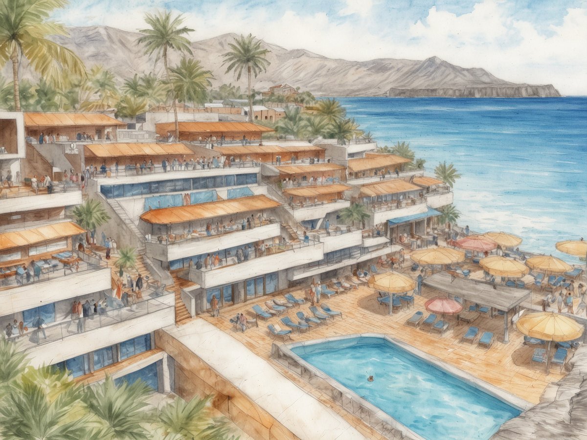 Eine malerische Ansicht eines Küstenresorts ist zu sehen, das an einem Hang mit Blick auf das Meer erbaut ist. Das Resort verfügt über mehrere Ebenen mit Terrassen und Balkonen, die von Palmen umgeben sind. Auf den Terrassen sitzen viele Menschen, während andere sich zwischen den Gebäuden bewegen. Im Vordergrund befindet sich ein Poolbereich mit Liegen und Sonnenschirmen, daneben steht eine große Tischgruppe. Der Himmel ist klar und sonnig, und im Hintergrund sind sanfte Hügel und Berge sichtbar, die das Bild eingerahmen.