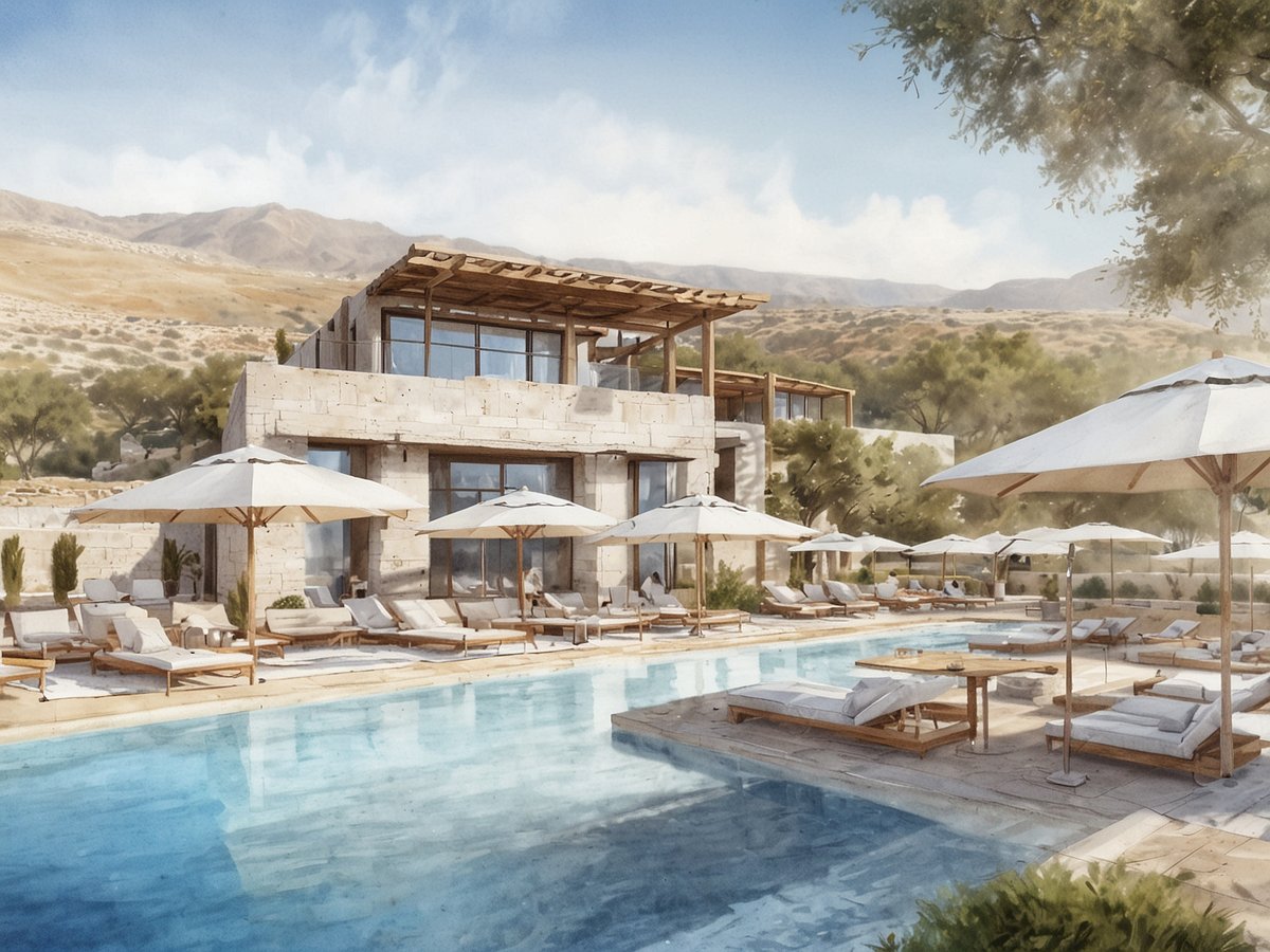 Ein luxuriöses Resort mit modernem Design auf Kreta, umgeben von einem einladenden Außenbereich. Im Vordergrund befindet sich ein Pool mit klarem Wasser, umgeben von eleganten Liegen und Sonnenschirmen. Im Hintergrund ist das stilvolle Gebäude des Resorts mit großen Fensterfronten und Holzverkleidungen zu sehen. Weite Landschaften und sanfte Hügel im Hintergrund schaffen eine malerische Atmosphäre, ideal für Entspannung und Erholung.