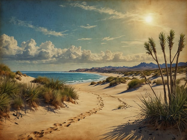 Auf dem Bild ist eine wunderschöne Landschaft mit feinem Sand, sanften Dünen und einem klaren, blauen Wasser zu sehen. Man kann die unberührte Natur der Lençóis Maranhenses erahnen, die für ihre einzigartigen Sanddünen und die Lagunen zwischen ihnen bekannt ist. Die Pflanzen, die im Vordergrund wachsen, fügen sich harmonisch in die Szenerie ein, während die Sonne am Horizont strahlt und den Himmel in ein warmes Licht taucht. Diese unberührte Naturlandschaft vermittelt ein Gefühl von Ruhe und Abgeschiedenheit.