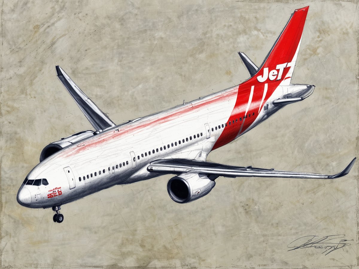 Ein Flugzeug mit markanter roter und weißer Lackierung von Jet2.com ist in einem künstlerischen Stil dargestellt. Es zeigt die Seitenansicht des Flugzeugs, das auf die Landung vorbereitet ist. Der Hintergrund ist neutral und strukturiert, was das Flugzeug hervorhebt. Die Lackierung umfasst den Schriftzug Jet2 auf dem Heck und eine klare Darstellung der Tragflächen und Triebwerke.