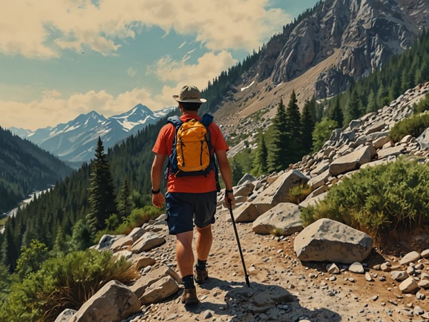 Auf dem Bild sieht man einen Wanderer, der einen malerischen Wanderweg in den Bergen entlanggeht. Um ihn herum erstrecken sich majestätische Berge, die teilweise mit Schnee bedeckt sind, und dichte Nadelwälder. Diese Kulisse ist ideal für Abenteuerliebhaber, die gerne wandern, die Natur erkunden und frische Luft genießen. Es bietet sich an, die Umgebung zu fotografieren, die Tier- und Pflanzenwelt zu beobachten oder einfach die Ruhe der Natur zu genießen. Perfekte Aktivitäten wären ein Tagesausflug zum Wandern, ein Picknick in der Natur oder die Planung einer mehrtägigen Trekkingtour durch die Berge.