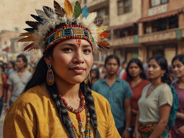 Auf dem Bild ist eine junge Frau mit traditioneller indigenen Kleidung und Accessoires zu sehen, die stolz eine kunstvoll gestaltete Federhaube trägt. Ihr Gesichtsausdruck strahlt Selbstbewusstsein und kulturelle Identität aus. Im Hintergrund sind weitere Menschen zu sehen, die anscheinend an einem Fest oder einer Versammlung teilnehmen. 

In Rio Branco, der Hauptstadt des Bundesstaates Acre in Brasilien, spiegelt sich die kulturelle Vielfalt in ähnlichen Festen wider, wo indigene Traditionen und Bräuche gefeiert werden. Diese Veranstaltungen fördern den Austausch zwischen verschiedenen Kulturen und stärken das Bewusstsein für die indigenen Gemeinschaften und deren Rechte.