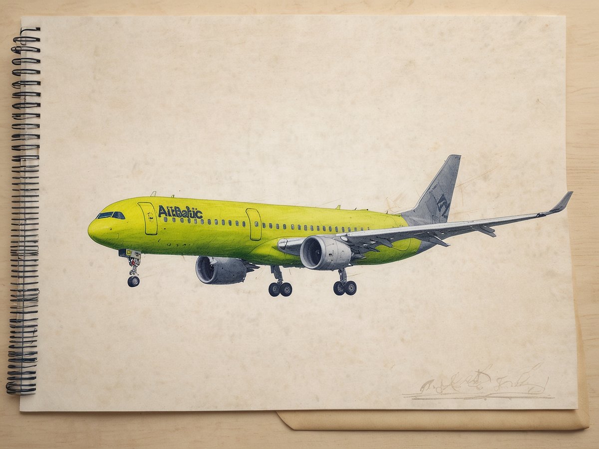 Ein gezeichnetes Bild eines Flugzeugs der Airline AirBaltic, das in einem lebhaften Grünton dargestellt ist. Das Flugzeug hat eine moderne Form mit einem grauen Heckflügel und trägt das Logo von AirBaltic auf der Seite. Im Hintergrund ist ein leerer, beige Hintergrund zu sehen, der den Fokus auf das Flugzeug lenkt. Das Bild vermittelt den Eindruck von Innovation und Reise, passend zu den Angeboten von AirBaltic für Business Class Upgrades über Plusgrade.