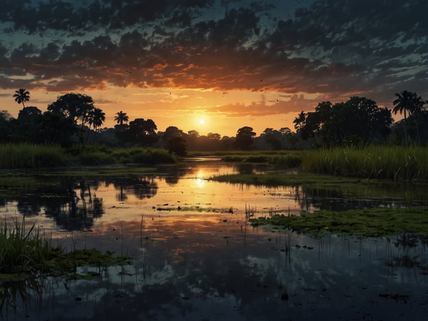 Auf dem Bild ist eine atemberaubende Landschaft zu sehen, die das Pantanal, eines der größten und eindrucksvollsten Feuchtgebiete der Welt, repräsentiert. Die Szenerie zeigt einen malerischen Sonnenuntergang über einer ruhigen Wasserfläche, umgeben von üppiger grüner Vegetation und hohen Palmen. Die Reflexion des Himmels und die Farben des Sonnenuntergangs im Wasser schaffen eine friedliche und harmonische Atmosphäre. 

Das Pantanal ist ein einzigartiges Ökosystem, das reich an Biodiversität ist und viele verschiedene Pflanzen- und Tierarten beherbergt, was diese Region zu einem unvergleichlichen Naturerlebnis macht.