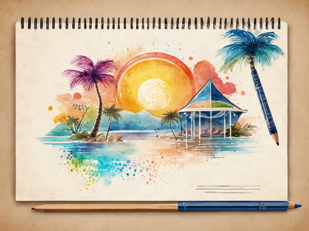 Ein Aquarellbild zeigt eine tropische Landschaft mit Palmen, einem kleinen Pavilion am Wasser und einer großen, strahlenden Sonne im Hintergrund. Farbenfrohe Spritzer und sanfte Töne vermitteln eine entspannte Urlaubsstimmung. Am unteren Rand liegt ein Bleistift und ein blauer Farbstift, die auf das kreative Zeichnen hinweisen.