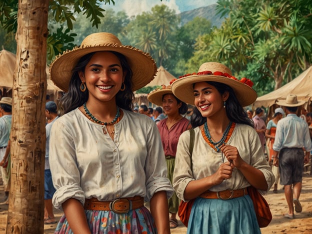 Auf dem Bild sind zwei Frauen zu sehen, die traditionelle Kleidung tragen und fröhlich aussehen. Sie sind wahrscheinlich auf einem Markt oder einem Fest in Canela, Brasilien, wo oft kulturelle Feste gefeiert werden. 

In Canela finden regelmäßig Feste statt, wie das "Festa de Flores", das die lokale Flora würdigt, oder das "Natal Luz", ein spektakuläres Weihnachtsfest mit Lichtern und Musik. Diese Veranstaltungen fördern die Gemeinschaft und feiern die regionalen Traditionen, oft begleitet von typischer Musik, Tanz und kulinarischen Spezialitäten. Die Frauen auf dem Bild könnten Teil einer Feier sein, wo lokale Bräuche und die Schönheit der Umgebung zelebriert werden.