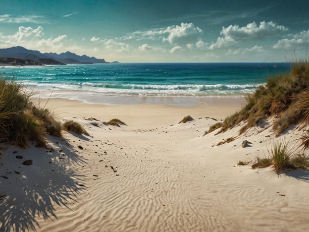 Auf dem Bild sind traumhafte Strände zu sehen, die an die Küsten von Vitória erinnern. Sanfte Sanddünen führen zu einem klaren, blauen Ozean, der von sanften Wellen umspült wird. Im Hintergrund erheben sich sanfte Berge unter einem klaren Himmel mit einigen Wolken. Die Szenerie strahlt Ruhe und Erholung aus und lädt zu einem Tag am Strand ein.