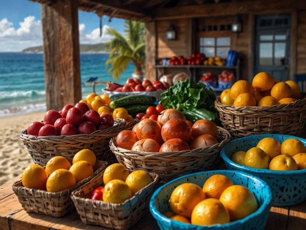 Auf dem Bild sind frische, bunte Früchte und Gemüse in verschiedenen Körben zu sehen, die auf einem Holzstand plaziert sind. Im Hintergrund erstreckt sich ein malerischer Küstenblick mit dem Meer und der Sandstrand. Die Auswahl umfasst unter anderem Tomaten, Limetten, Orangen und verschiedene andere Obst- und Gemüsesorten. Dies ist ein perfekter Ort, um kulinarische Genüsse zu erkunden, die direkt von der Küste stammen, und könnte Inspiration für erfrischende Salate, Obstplatten oder Säfte bieten, ideal für ein leichtes, sonniges Essen am Strand.