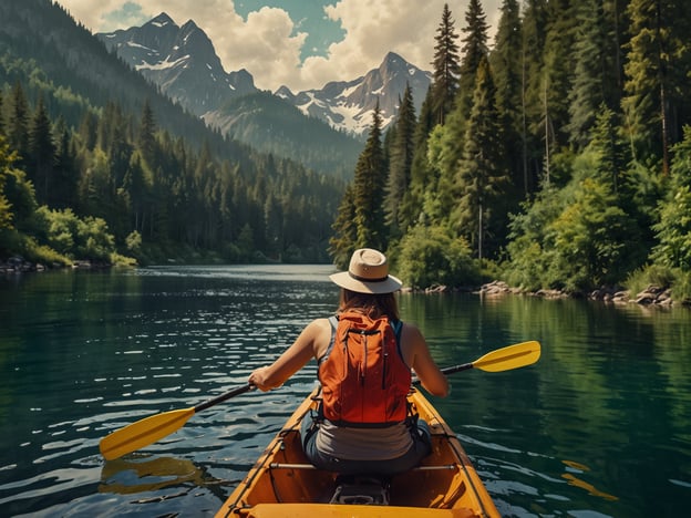 Auf dem Bild ist eine Person zu sehen, die in einem Kanu oder Kajak auf einem ruhigen Gewässer paddelt. Umgeben von einer beeindruckenden Berglandschaft und dichten Wäldern, genießt die Person die Natur. Diese Aktivität ermöglicht es, die Landschaft zu erkunden, die Ruhe des Wassers zu erleben und sich in der freien Natur zu entspannen.