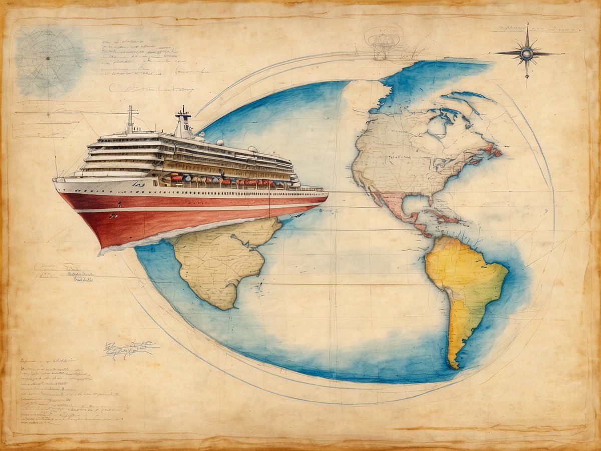 Eine künstlerische Darstellung eines Kreuzfahrtschiffes, das über eine stilisierte Weltkarte zwischen Nord- und Südamerika schwebt. Die Karte ist in sanften Farben gehalten, mit blauen und grünen Ozeanen sowie einer beige und braun getönten Landmasse. Das Kreuzfahrtschiff ist detailreich abgebildet und hebt sich deutlich vom Hintergrund ab. In den Ecken sind nautische Zeichnungen und Schriftzüge zu sehen, die einen maritimen Charakter vermitteln.