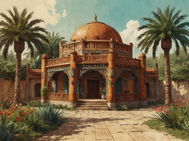 Auf dem Bild ist ein historisch anmutendes Gebäude mit einer charakteristischen Kuppel und einem von Palmen umgebenen Garten zu sehen. Die Architektur könnte auf einen orientalischen oder mediterranen Einfluss hindeuten, was durch die leuchtenden Farben und die dekorativen Elemente verstärkt wird. 

Parks und Gärten zählen zu den wichtigsten kulturellen Räumen, da sie nicht nur Rückzugsorte für Erholung bieten, sondern auch soziale, religiöse und künstlerische Aktivitäten fördern. Sie dienen als Orte der Begegnung und des Austauschs, in denen Menschen verschiedenen Alters und Herkunft zusammenkommen. Darüber hinaus sind sie oft eng mit der Geschichte und Identität einer Gemeinschaft verbunden, was sie zu bedeutenden kulturellen Symbolen macht. 

In vielen Kulturen werden Gartenanlagen auch als Orte der Ruhe und der Spiritualität betrachtet, was ihrer Wichtigkeit in der Gesellschaft zusätzlich betont.