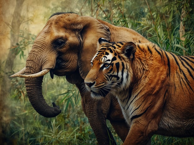 Auf dem Bild sind zwei beeindruckende Tiere zu sehen: ein Elefant und ein Tiger. Diese einzigartige Kombination repräsentiert die vielfältige Fauna der natürlichen Lebensräume. Der Elefant, bekannt für seine majestätische Präsenz und soziale Struktur, steht in engem Verhältnis zum Tiger, einem geschickten Jäger, der für seine auffälligen Streifen und seine Eleganz berühmt ist. Die Umgebung, mit ihrer üppigen Flora, verstärkt das Gefühl von Wildnis und die Harmonie zwischen diesen beiden Arten, die in ihrer jeweiligen Umwelt eine wichtige Rolle spielen.