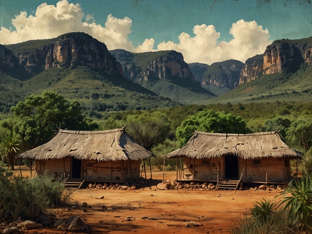 Auf dem Bild sind zwei traditionelle Hütten zu sehen, umgeben von einer beeindruckenden Landschaft mit Bergen und Bäumen im Hintergrund. Diese Art von Architektur spiegelt die Lebensweise der Menschen in der Chapada da Diamantina wider, einer Region in Brasilien, die für ihre natürliche Schönheit und kulturelle Vielfalt bekannt ist.

Die Hütten sind aus natürlichen Materialien wie Holz und Palmblätter gebaut, was typisch für die lokale Bauweise ist. Diese Bauweise ist nicht nur praktisch, sondern zeigt auch den engen Bezug der Bewohner zur Natur. Die Chapada ist reich an natürlichem Erbe und hat eine starke Verbindung zu den indigenen Völkern, deren Traditionen und Praktiken bis heute einen wichtigen Einfluss auf die Kultur der Region haben.

Darüber hinaus ist die Chapada für ihre vielfältige Flora und Fauna bekannt, oft als ein Ort für Ökotourismus angesehen, der die natürliche Schönheit und kulturelle Authentizität der Region fördert. Die atemberaubenden Felsformationen und klaren Himmel sind weitere charakteristische Merkmale dieser Region.