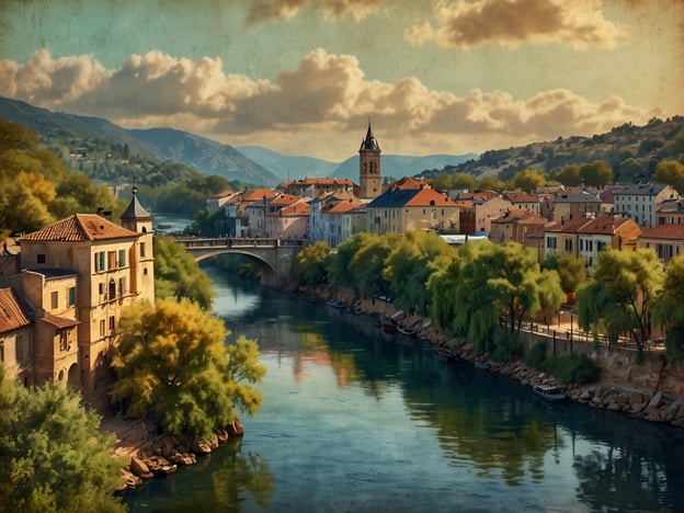 Auf dem Bild ist eine malerische Szenerie mit einem ruhigen Fluss zu sehen, der durch eine charmante Stadt mit mehreren Gebäuden und einem Brückenübergang fließt. Die Landschaft ist von sanften Hügeln und üppiger Vegetation umgeben, was eine friedliche und einladende Atmosphäre schafft. Der Himmel ist mit einigen Wolken geschmückt, die dem Bild eine warme und nostalgische Stimmung verleihen. Diese faszinierende Lage erinnert an das historische Santarém, wo Natur und Architektur harmonisch miteinander verbunden sind.