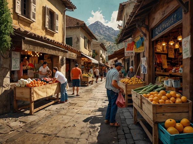 Auf dem Bild ist eine belebte Marktszene in einer malerischen Straße zu sehen. Die Atmosphäre ist lebhaft, mit verschiedenen Ständen, die frisches Obst und Gemüse anbieten. Menschen schlendern durch die Gassen, einige schauen sich die Waren an, während andere miteinander ins Gespräch vertieft sind.

Vor Ort könnten Besucher die frischen Produkte probieren, lokale Spezialitäten erwerben oder einfach das bunte Treiben und die freundliche Atmosphäre genießen. Vielleicht gibt es auch die Möglichkeit, mit den Verkäufern zu plaudern und mehr über die Herkunft der Waren zu erfahren. Zudem könnte man die umliegende Landschaft mit den Bergen im Hintergrund bewundern. Solche Märkte bieten oft auch Einblicke in die Kultur und das tägliche Leben der Einheimischen, was das Erlebnis noch bereichernder macht.