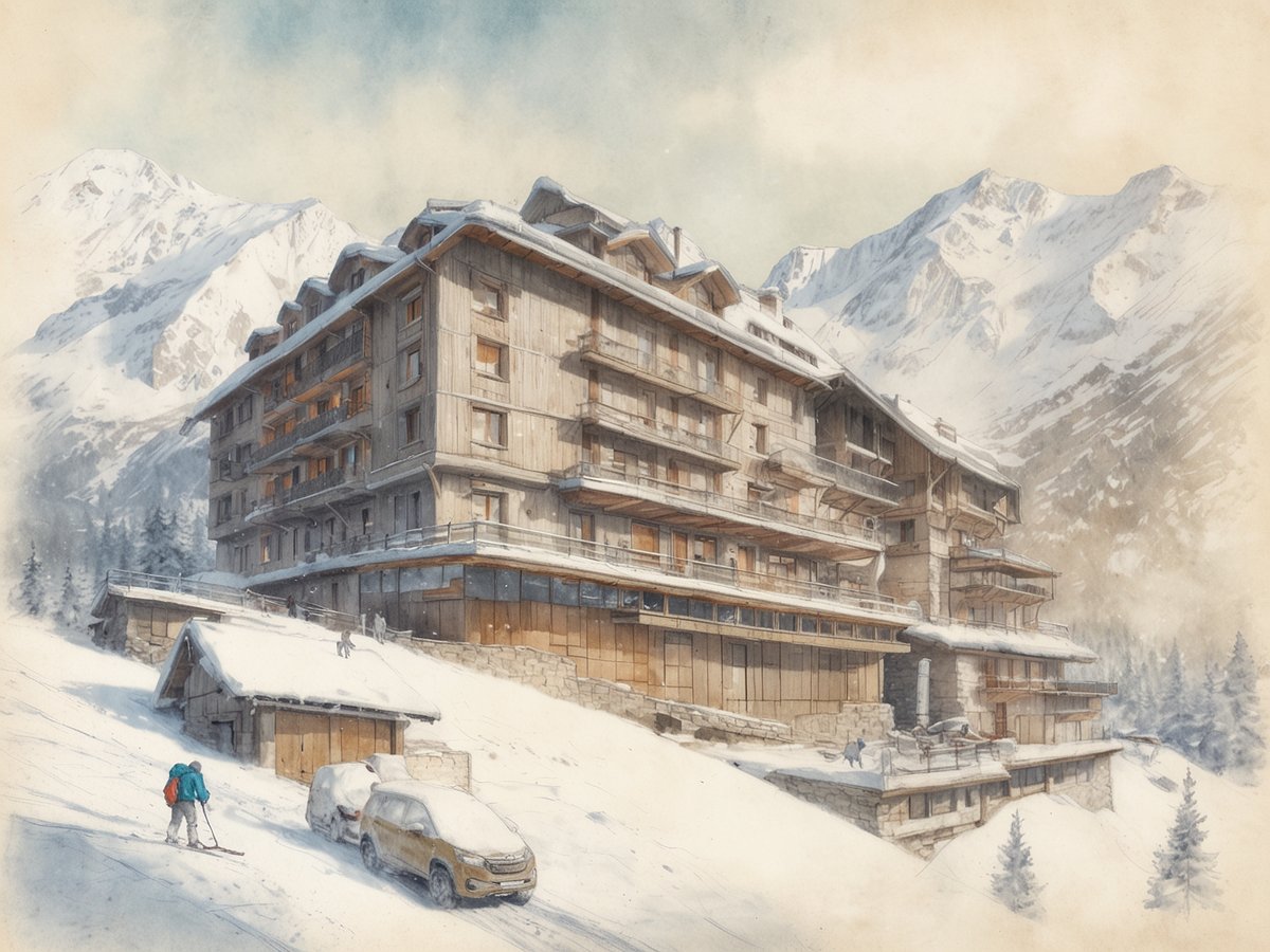 Zwei Skifahrer stehen in der verschneiten Landschaft vor einem modernen Hotelgebäude in den Alpen. Das Hotel ist im alpinen Stil mit Holzverkleidungen gestaltet und besitzt mehrere Etagen sowie große Fenster. Im Vordergrund sind ein Auto und eine kleine Holzhütte sichtbar, während im Hintergrund majestätische Berge unter einem klaren Himmel erstrahlen. Rund um das Hotel sind schneebedeckte Bäume zu sehen, die die winterliche Atmosphäre unterstreichen.