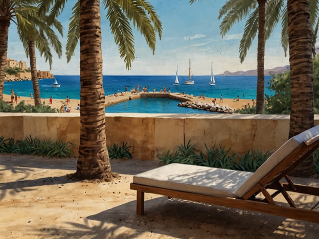 Auf dem Bild ist eine traumhafte Szenerie am Strand zu sehen. Palmen säumen den Blick auf das klare blaue Wasser und die sanften Wellen. Im Hintergrund sind einige Segelboote sichtbar, während sich Menschen am Strand und im Wasser aufhalten. Eine Liege lädt zum Entspannen ein, und die gesamte Atmosphäre strahlt Entspannung pur in Palmas aus. Ein perfekter Ort, um die Seele baumeln zu lassen!