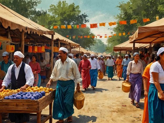 Auf dem Bild ist ein lebhafter Markt zu sehen, der von Menschen besucht wird, die frische Früchte und Waren kaufen und verkaufen. Die Atmosphäre scheint festlich zu sein, was durch bunte Girlanden und die traditionelle Kleidung der Marktbesucher verstärkt wird.

Solche Märkte sind oft wichtige kulturelle Highlights in vielen Städten, wo lokale Produkte und Handwerkskunst angeboten werden. In vielen Regionen finden saisonale Märkte oder Feste statt, die das Gemeinschaftsgefühl stärken und lokale Traditionen feiern. Diese Veranstaltungen sind häufig von Musik, Tanz und kulinarischen Köstlichkeiten begleitet. 

Falls das Bild eine spezifische Region darstellt, könnten beispielsweise lokale Feste wie Erntefeste oder kulturelle Veranstaltungen eine zentrale Rolle spielen und Touristen anziehen, die die authentische Kultur erleben möchten.