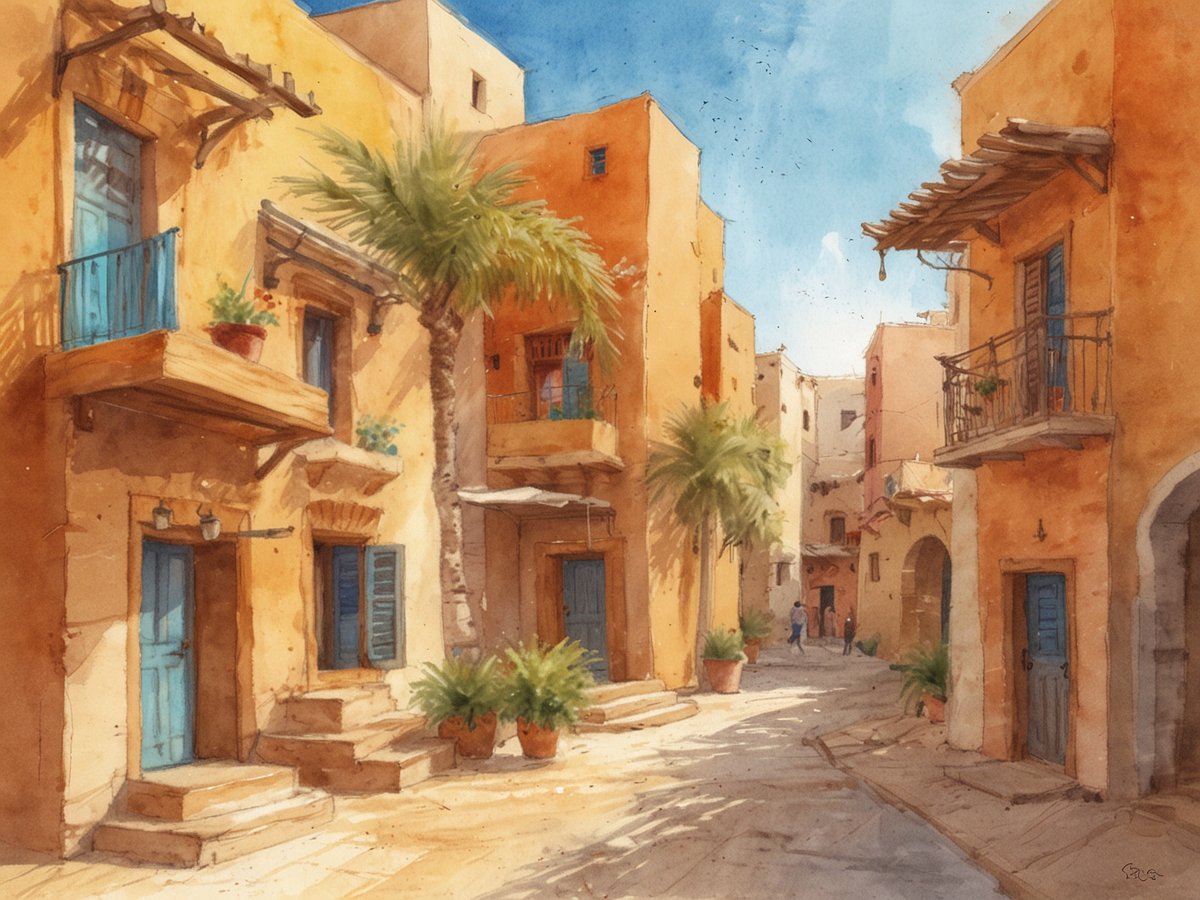 Charmante Gasse in El Gouna mit warmen, orangefarbenen Gebäuden und blauen Fensterläden. Palmen und blühende Pflanzen verzieren die Umgebung. Die Sonne scheint durch den klaren Himmel und schafft eine einladende Atmosphäre. Menschen schlendern entspannt durch die Straße, während sich eine friedliche, lebendige Stimmung entfaltet.