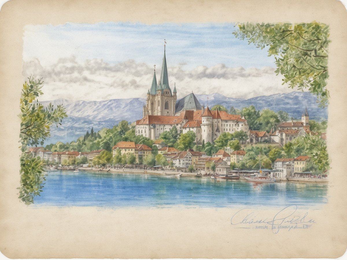 Ein malerisches Aquarell zeigt die Uferlandschaft am Bodensee mit einer historischen Stadtansicht. Im Vordergrund ist das glitzernde Wasser des Sees zu sehen, das von sanften Wellen bewegt wird. Die Stadt weist eine Reihe von charmanten Häusern mit roten Dächern auf, die sich malerisch entlang der Uferpromenade anordnen. Im Hintergrund ragt eine markante Kirche mit hohen, spitzen Türmen in den Himmel, umgeben von sanften Hügeln und Bergen. Die gesamte Szene ist von einer ruhigen und einladenden Atmosphäre geprägt, die das mediterrane Flair des Bodensees widerspiegelt.