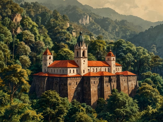 Auf dem Bild ist ein beeindruckendes Gebäude zu sehen, das von einer üppigen, grünen Landschaft umgeben ist. Es könnte eine Kloster- oder Schlossarchitektur darstellen, die malerisch in die Natur integriert ist. In Petrópolis heute ist derartige Architektur ein lebendiger Ort für Besucher, die die historische und kulturelle Schönheit der Region erleben möchten. Die Kombination aus Natur und historischer Baukunst macht den Ort besonders attraktiv für Touristen.