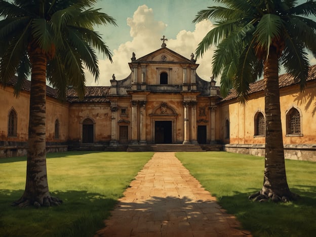 Auf dem Bild ist eine historische Architektur zu sehen, die möglicherweise an die Jesuitenmissionen in Brasilien erinnert. Diese Missionen, die im 17. und 18. Jahrhundert tätig waren, spielten eine bedeutende Rolle in der Christianisierung und der kulturellen Integration der indigenen Bevölkerung. 

Die Jesuiten bauten viele Kirchen und missionarische Siedlungen, von denen einige aus der Zeit stammen, als sie versuchten, die einheimischen Völker zu evangelisieren und zu schützen. Die Architektur ist oft gekennzeichnet durch einen kolonialen Stil, der Elemente des Barock und der lokalen Bauweise kombiniert, was sich in den Rundbögen, der Fassade und der Gesamtkomposition des Gebäudes widerspiegelt.

Die Palmen und der gepflegte Garten könnten darauf hinweisen, dass dieser Ort eine ruhige und spirituelle Atmosphäre bietet, ähnlich wie viele der Jesuitenmissionen in ihrer Blütezeit.