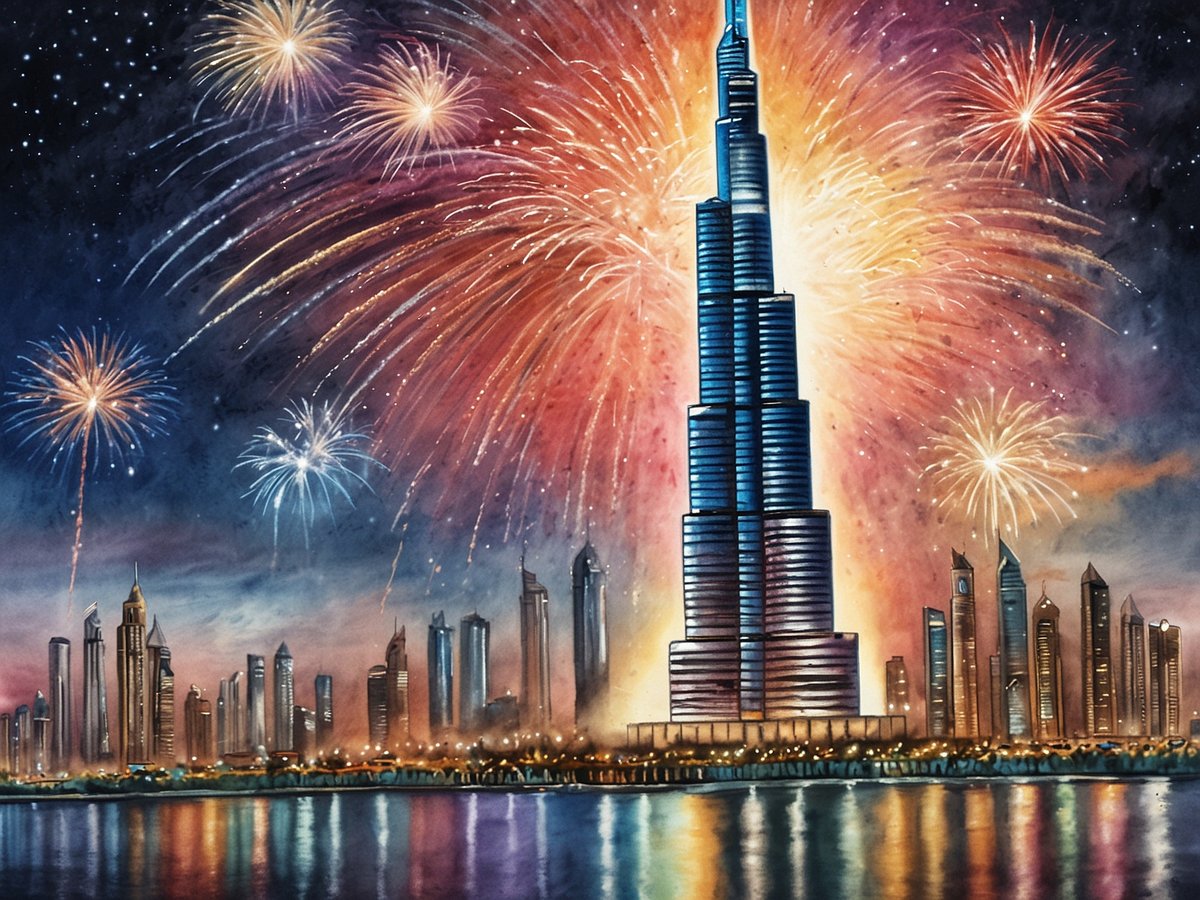 Dubai feiert Silvester mit der atemberaubenden Beyond Dreams Show am Burj Khalifa. Das Bild zeigt den imposanten Burj Khalifa, der von einem spektakulären Feuerwerk umrahmt wird. Strahlende Farben erleuchten den Nachthimmel, während sich die Silhouette der modernen Stadt Dubai am Ufer eines Wasserkörpers spiegelt. Die Skyline ist beleuchtet, was die festliche Atmosphäre unterstreicht.