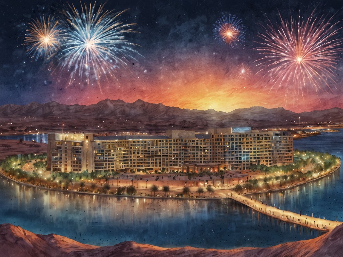 Spektakuläres Feuerwerk erhellt den Nachthimmel über Ras Al Khaimah, während bunte Lichter und Laser-Drohnen ein beeindruckendes Spektakel zum Jahreswechsel bieten. Im Vordergrund ist ein modernes Hotelgebäude zu sehen, das am Ufer eines ruhigen Gewässers steht, umgeben von einem schönen Landschaftsdesign mit Palmen. Die Umgebung wird von sanften Hügeln und Bergen eingerahmt, während der Sonnenuntergang eine malerische Kulisse schafft. Menschen stehen entlang der Uferpromenade und genießen das fesselnde Schauspiel, das den Beginn des neuen Jahres feiert.