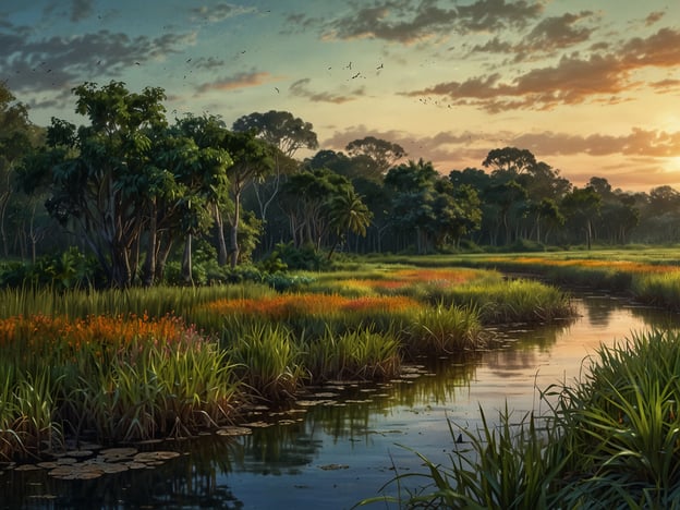 Auf dem Bild sieht man eine wunderschöne Landschaft des Pantanal, eines der größten Feuchtgebiete der Welt. Die Flora ist vielfältig, mit üppigen, grünen Bäumen und farbenfrohen Pflanzen, die entlang des Wassers wachsen. Der Fluss reflektiert die umliegende Natur, während die sanften Farben des Sonnenuntergangs eine friedliche Atmosphäre schaffen. Diese Region ist bekannt für ihre Biodiversität und stellt einen Lebensraum voller Überraschungen dar, in dem viele Vögel und Tiere leben.