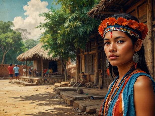 Auf dem Bild ist eine Frau mit traditioneller Kleidung und Accessoires zu sehen, die eine beeindruckende kulturelle Ausstrahlung hat. Der Hintergrund zeigt eine ländliche Szene mit einem Haus, das möglicherweise aus lokal verfügbaren Materialien gebaut wurde, und mehreren Personen, die sich in der Umgebung aufhalten.

Die kulturelle Bedeutung von Foz do Iguaçu liegt nicht nur in seiner beeindruckenden Natur, insbesondere den Wasserfällen, sondern auch in der kulturellen Vielfalt der Region. Foz do Iguaçu ist ein Schmelztiegel von Kulturen, in dem indigene Völker, Einwanderer und lokale Gemeinschaften zusammenleben. Die Darstellung von Traditionen, Handwerkskunst und der Erhalt der indigenen Kultur sind ein wichtiger Teil der Identität dieser Region. Solche Bilder sind oft Ausdruck von Stolz und der Aufrechterhaltung des kulturellen Erbes, was für viele Völker in Foz do Iguaçu von großer Bedeutung ist.