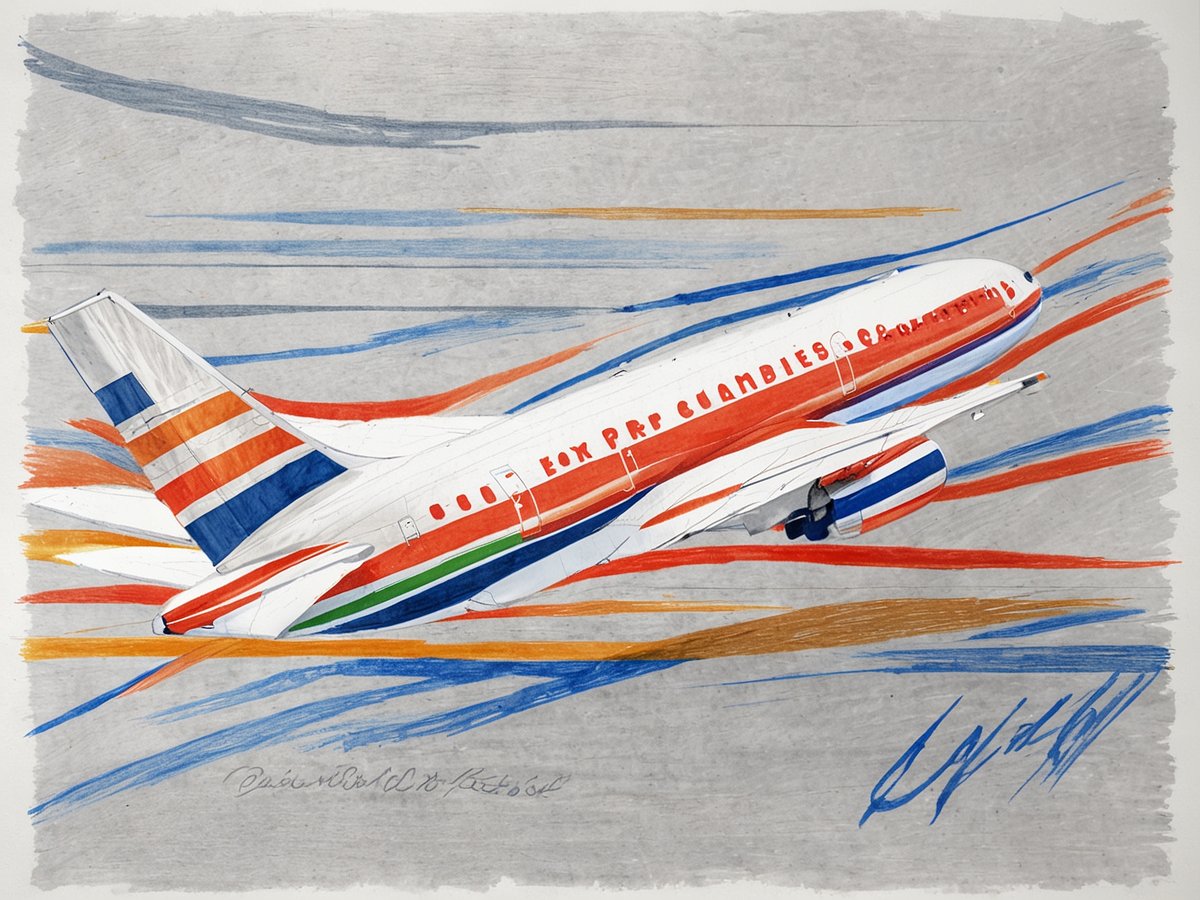 Eine künstlerische Darstellung eines Flugzeugs mit bunten Streifen in rot, orange, grün und blau auf einem grauen Hintergrund. Das Flugzeug hebt gerade ab und zeigt eine dynamische Bewegung. Die Illustration hat eine skizzenhafte Qualität und ist signiert.