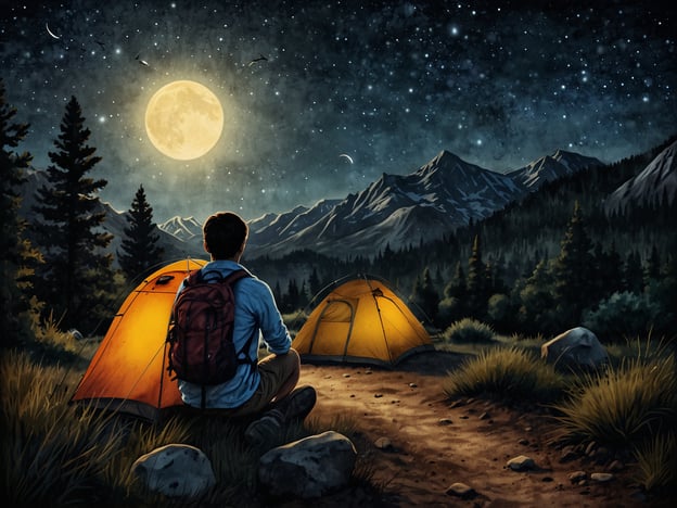 Auf dem Bild ist eine malerische Nachtlandschaft zu sehen, in der ein Camp mit zwei Zelten aufgestellt ist. Ein Mensch sitzt auf dem Boden und betrachtet den klaren Sternenhimmel mit dem leuchtenden, vollständigen Mond. 

Für Naturliebhaber könnte dies eine Einladung sein, folgende Aktivitäten zu genießen:

1. **Zelten**: Zeit im Freien verbringen und die Natur erleben.
2. **Sternenhimmel beobachten**: Die Sterne und Planeten in Ruhe beobachten.
3. **Wanderungen**: Die umliegenden Berge und Wälder erkunden.
4. **Fotografie**: Die Schönheit der Natur und der Nachtlandschaft festhalten.
5. **Lagerfeuer**: Gemütliche Abende am Feuer verbringen und Geschichten erzählen.

Diese Aktivitäten fördern die Verbindung zur Natur und bieten eine entspannende Auszeit vom Alltag.